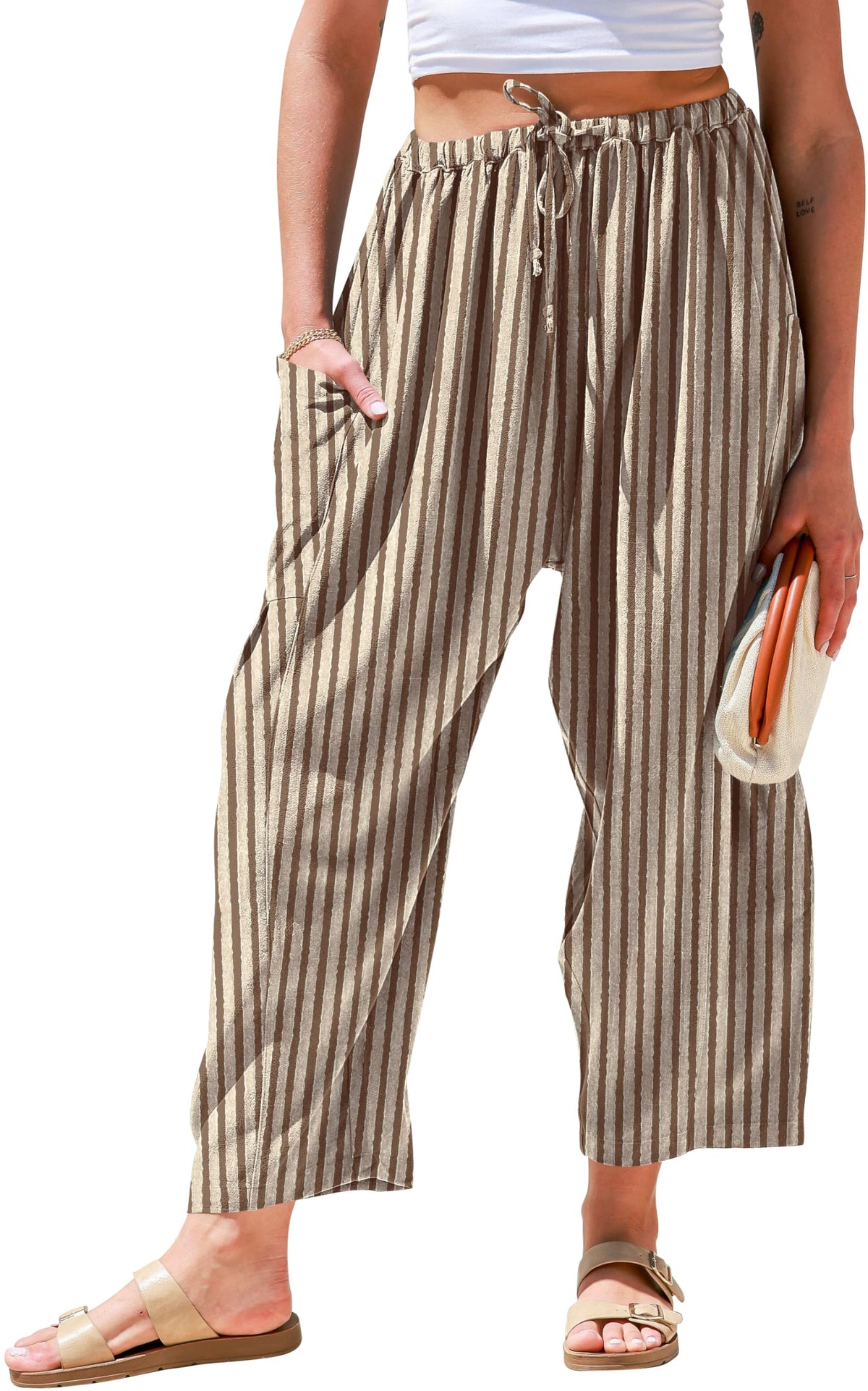 TARSE Womens Wide Leg Striped Linen Pants with Pocket