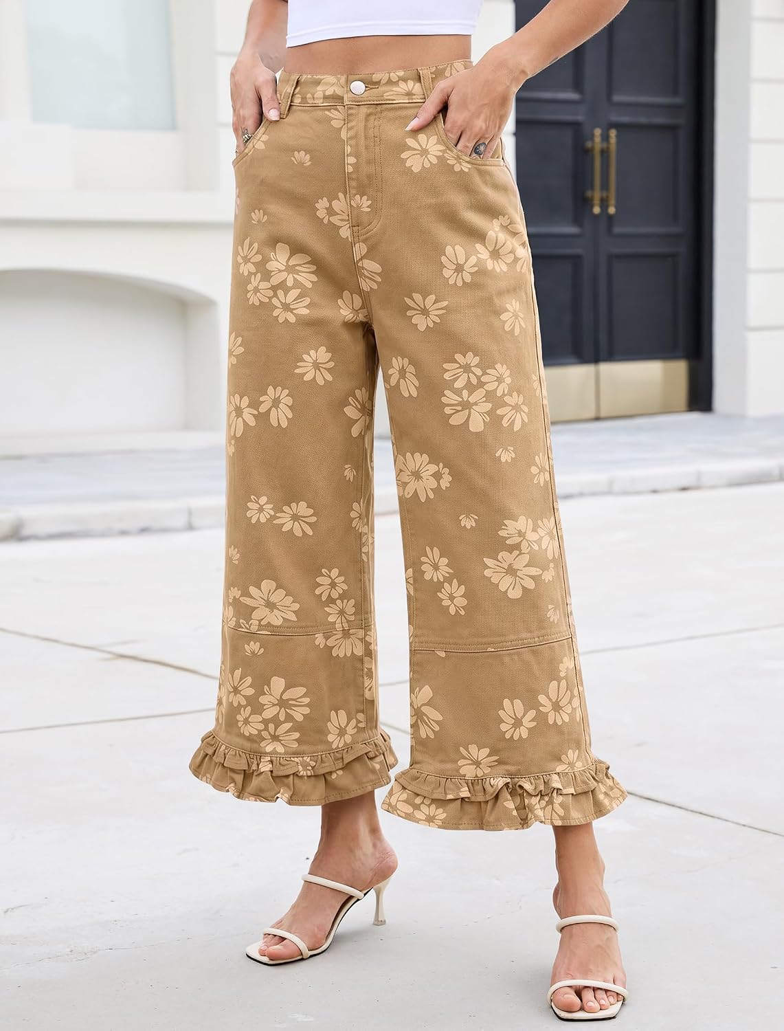 Eddoyee Women's Wide Leg Ruffle Hem Baggy Pants