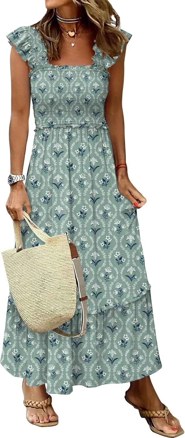 ANRABESS Womens Summer Sleeveless Maxi Dress Square Neck Smocked Boho Casual Ruffle Strap Flowy A-Line Long Beach Sundress
