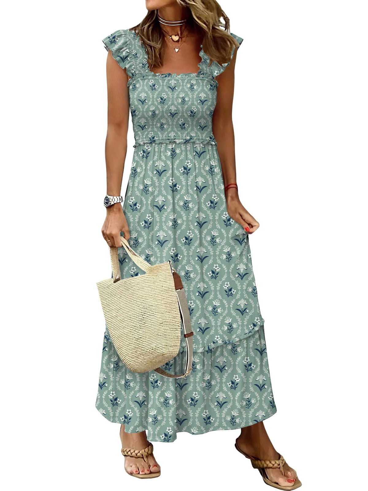 ANRABESS Womens Summer Sleeveless Maxi Dress Square Neck Smocked Boho Casual Ruffle Strap Flowy A-Line Long Beach Sundress