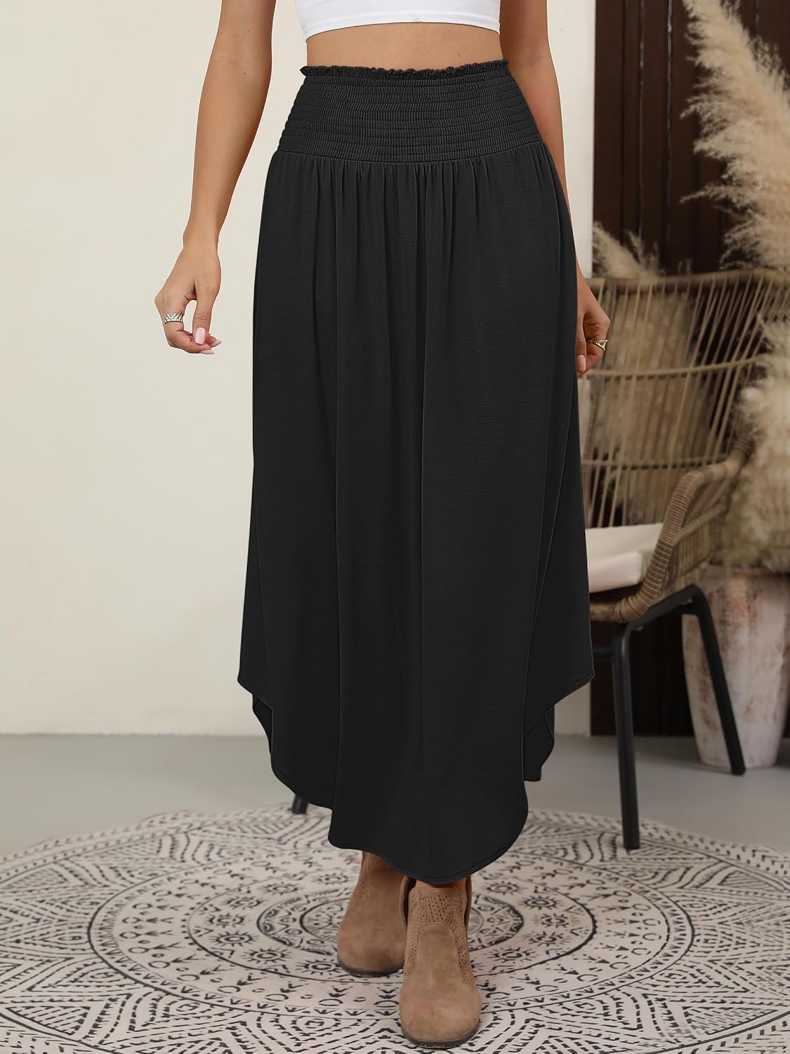 ANRABESS Women's Maxi Skirts Summer Boho Floral High Waisted Flowy Swing Pleated Beach Long Skirt with Pockets