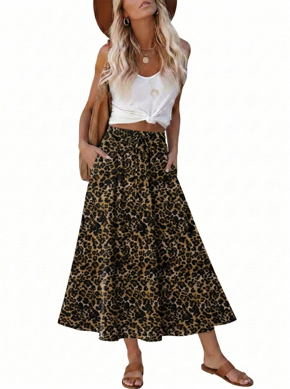 Magritta Women's Print Midi Skirt with Pocket Elastic High Waist 2026 Trendy A-Line Bohe Leopardr Swing Skirts for Women