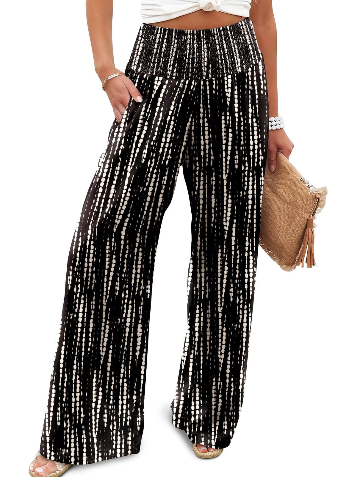 JZC Womens Wide Leg Pants Elastic High Waisted Palazzo Pants Summer Flowy Casual Trousers Beach Travel Vacation Outfits