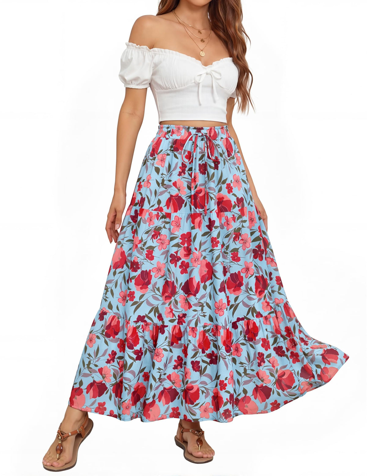 ZESICA Women's Bohemian Floral Printed Elastic Waist A Line Maxi Skirt
