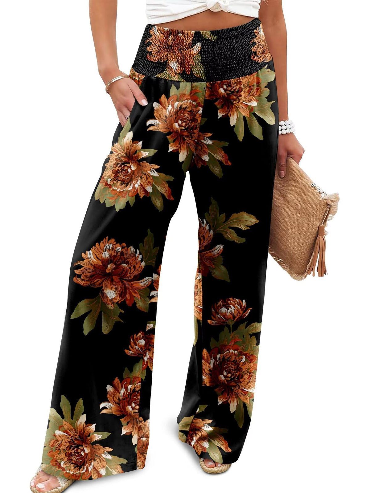 JZC Womens Wide Leg Pants Elastic High Waisted Palazzo Pants Summer Flowy Casual Trousers Beach Travel Vacation Outfits