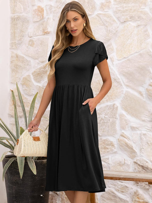 ANRABESS Women's Summer Petal Short Sleeve Midi Dress with Pockets