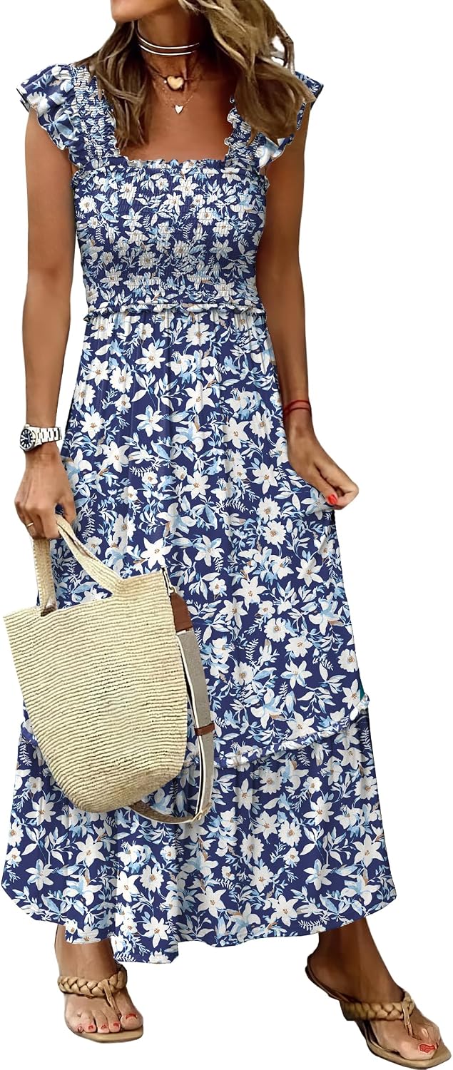 ANRABESS Womens Summer Sleeveless Maxi Dress Square Neck Smocked Boho Casual Ruffle Strap Flowy A-Line Long Beach Sundress