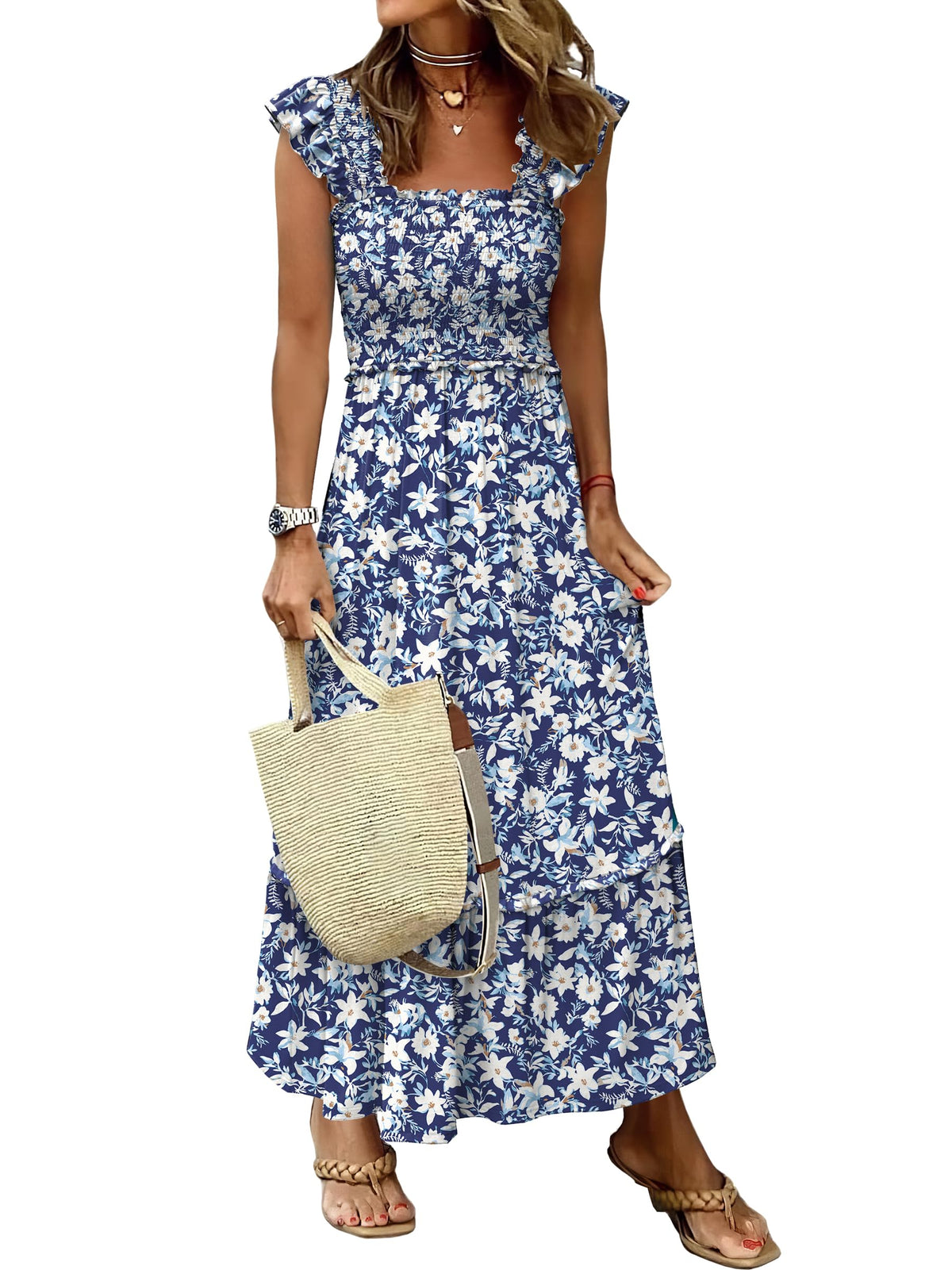 ANRABESS Womens Summer Sleeveless Maxi Dress Square Neck Smocked Boho Casual Ruffle Strap Flowy A-Line Long Beach Sundress
