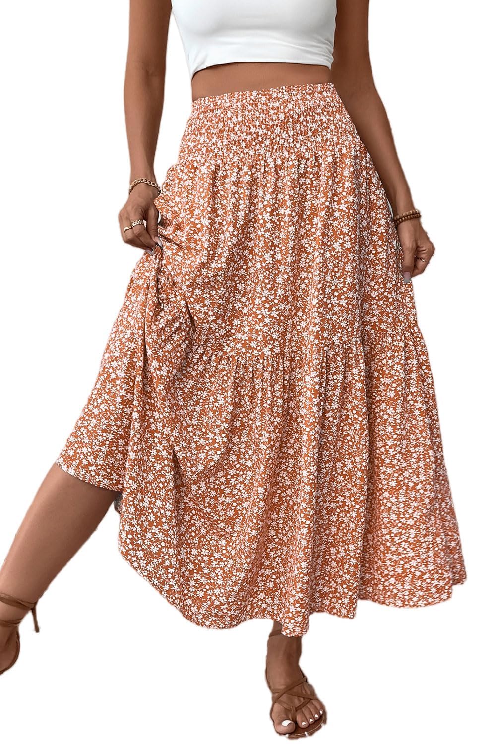 Women's Boho Maxi Skirt Floral Smocked High Waist Long Skirts with Pockets