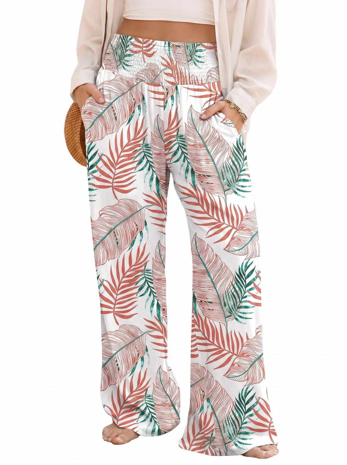 Dokotoo Women's Summer Boho Floral Bagyy Pants Wide Leg High Smocked Waist Casual Loose Palazzo Pants with Pocket