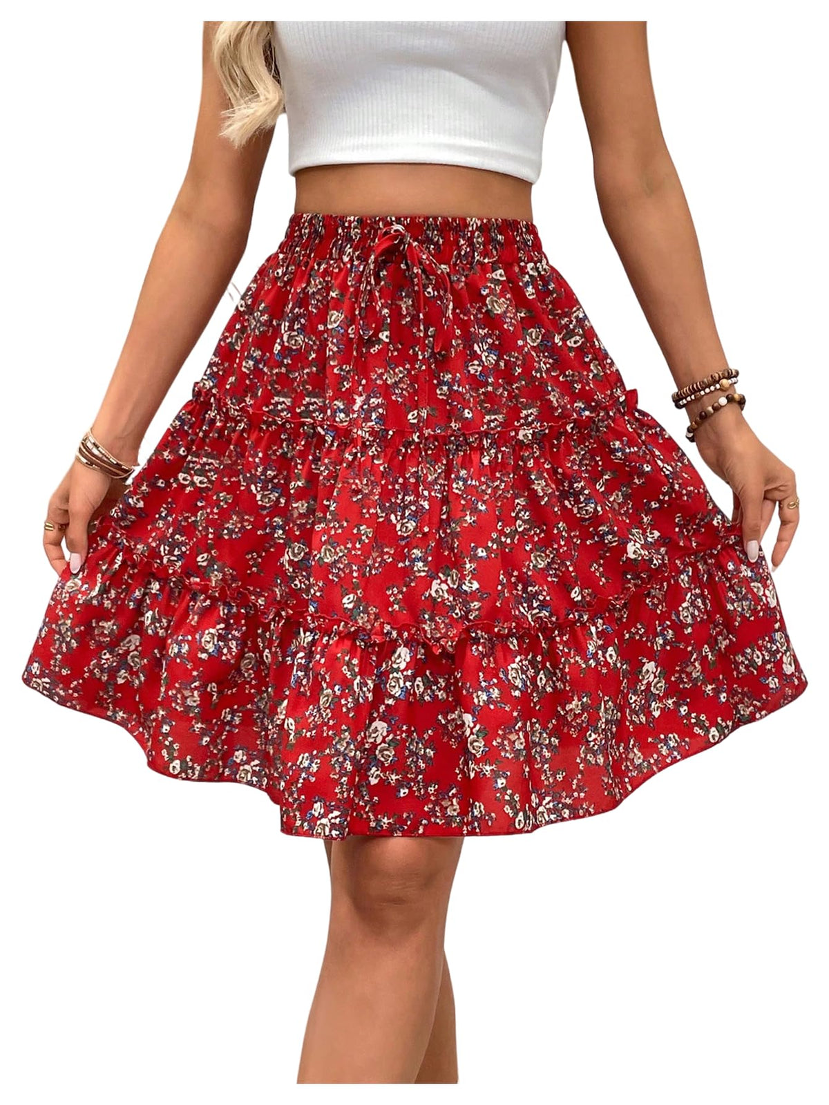 WDIRARA Women's Floral Boho Ruffle Knee Length Summer Skirt