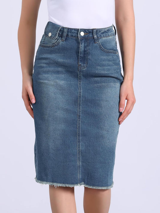 Allegra K Women's Casual Jean Skirt Raw Hem Stretch High Waist Denim Skirts