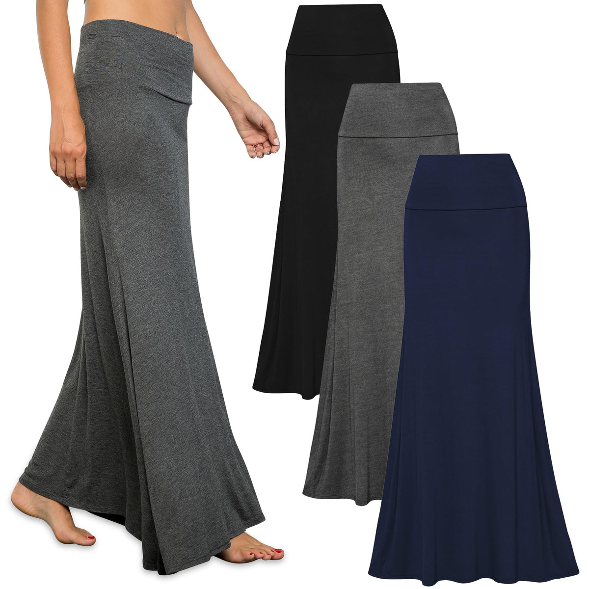Free to Live 3 Pack Long Skirts for Women Fall Stretchy Flowy Maxi Skirt Dressy Casual for Work, Soft Fold Over High Waisted