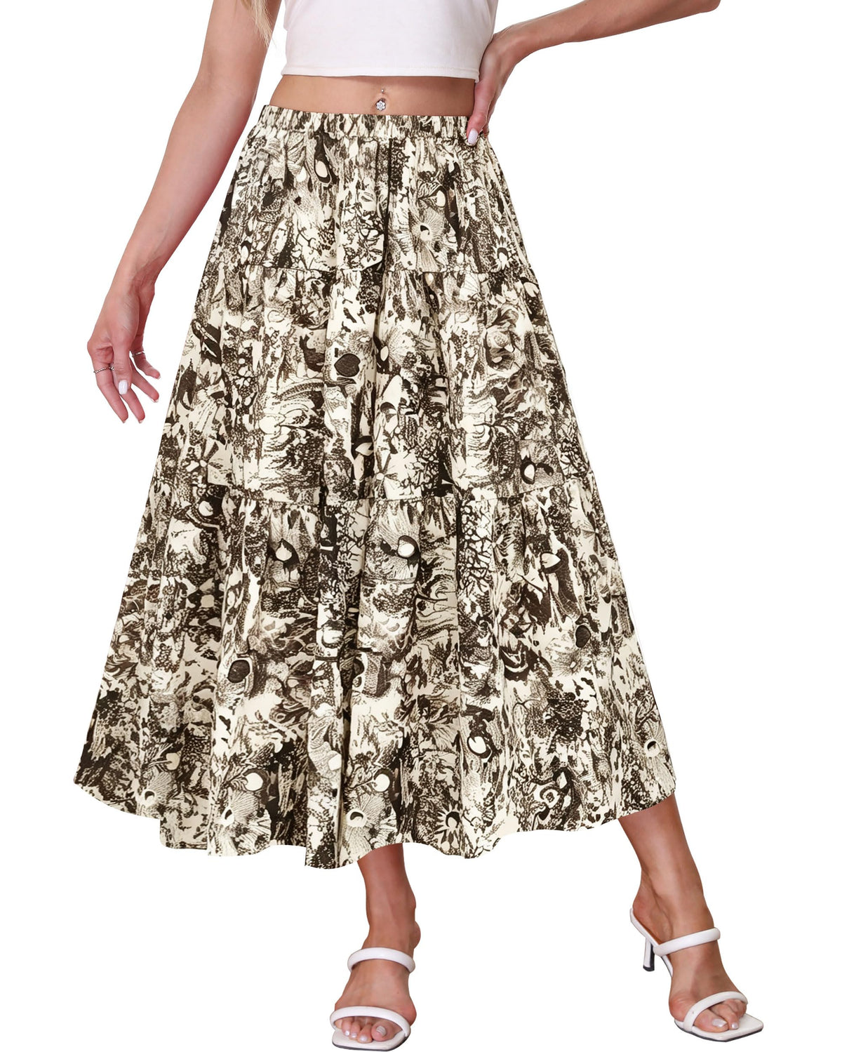 Kingfancy Women's Boho Midi Skirt A-Line Flowy Skirts