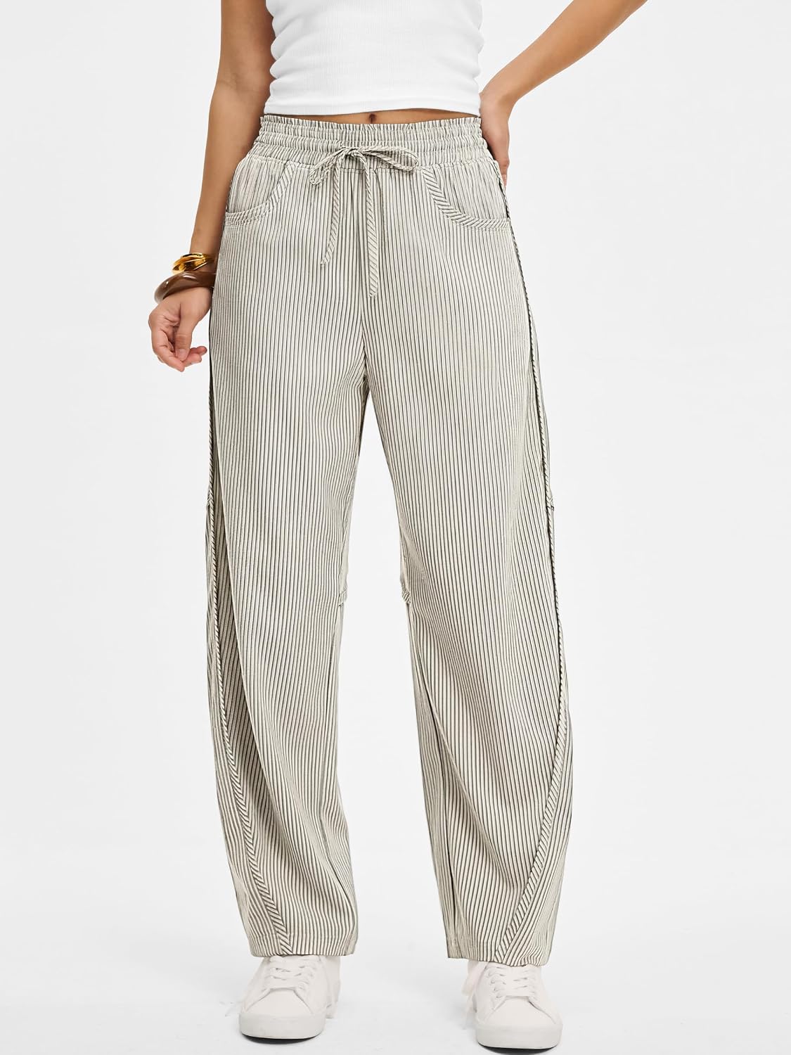 ANRABESS Womens Striped Barrel Casual Pants 2026 Trendy Summer Elastic Drawstring Baggy Lounge Wide Leg Trousers with Pockets