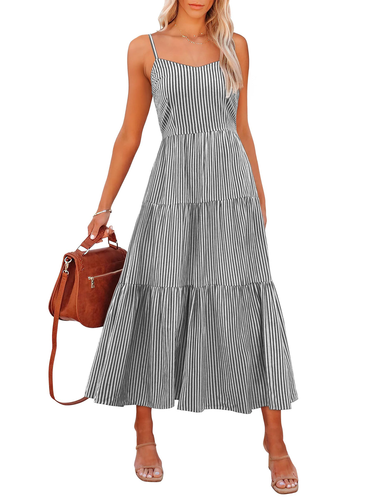 ANRABESS Womens Summer Striped Gingham Midi Dresses Casual Beach Sundress
