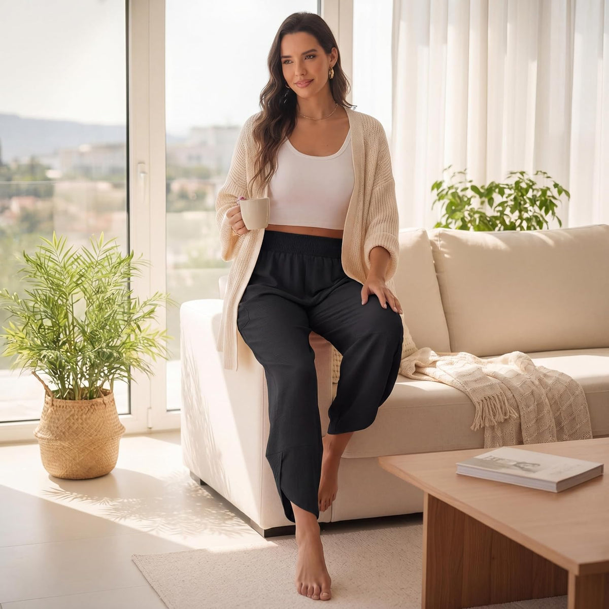 Lepunuo Womens Wide Leg Pants Palazzo High Waisted Smocked Trousers Summer Beach Casual Travel Pants 2026 with Pockets