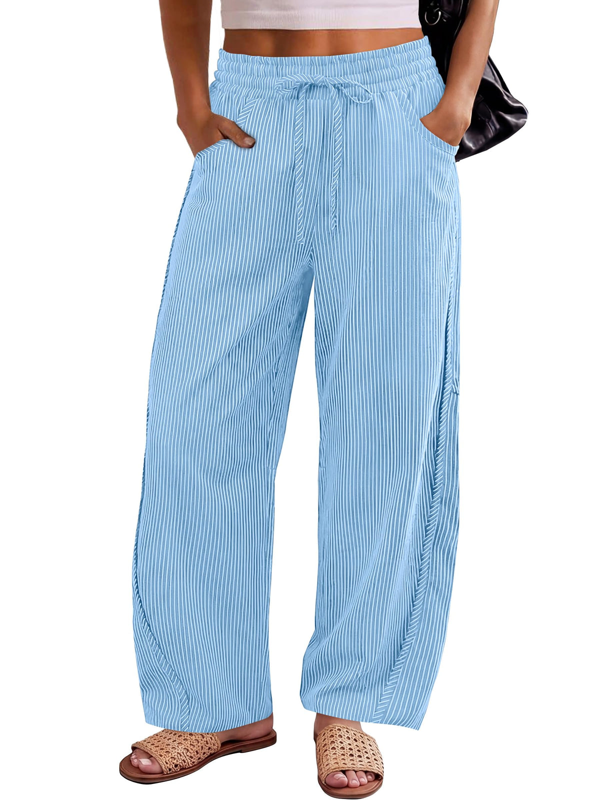 ANRABESS Womens Striped Barrel Casual Pants 2026 Trendy Summer Elastic Drawstring Baggy Lounge Wide Leg Trousers with Pockets