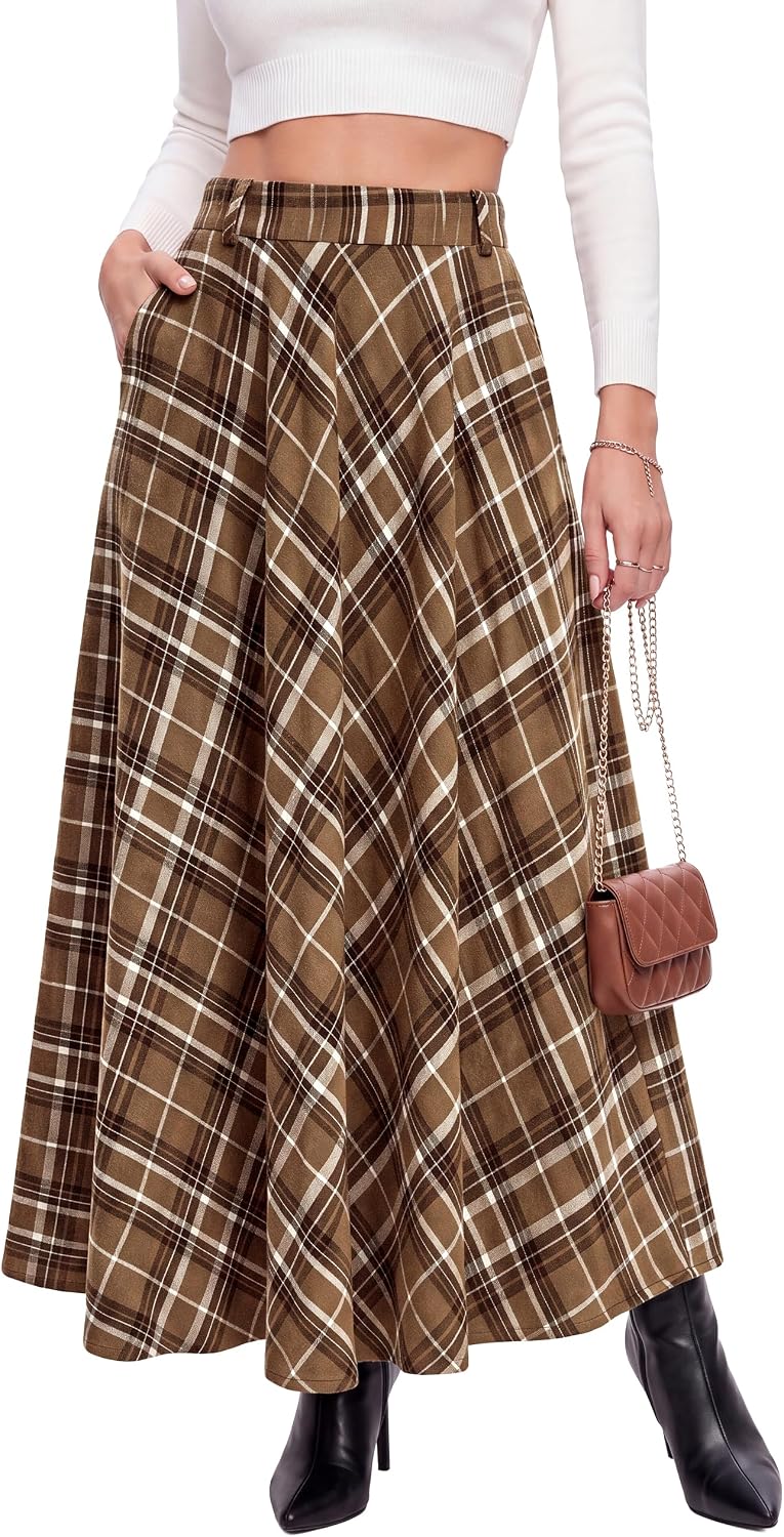 Womens Plaid Maxi Skirt Vintage Long Skirts with Pockets Fall Fashion 2026