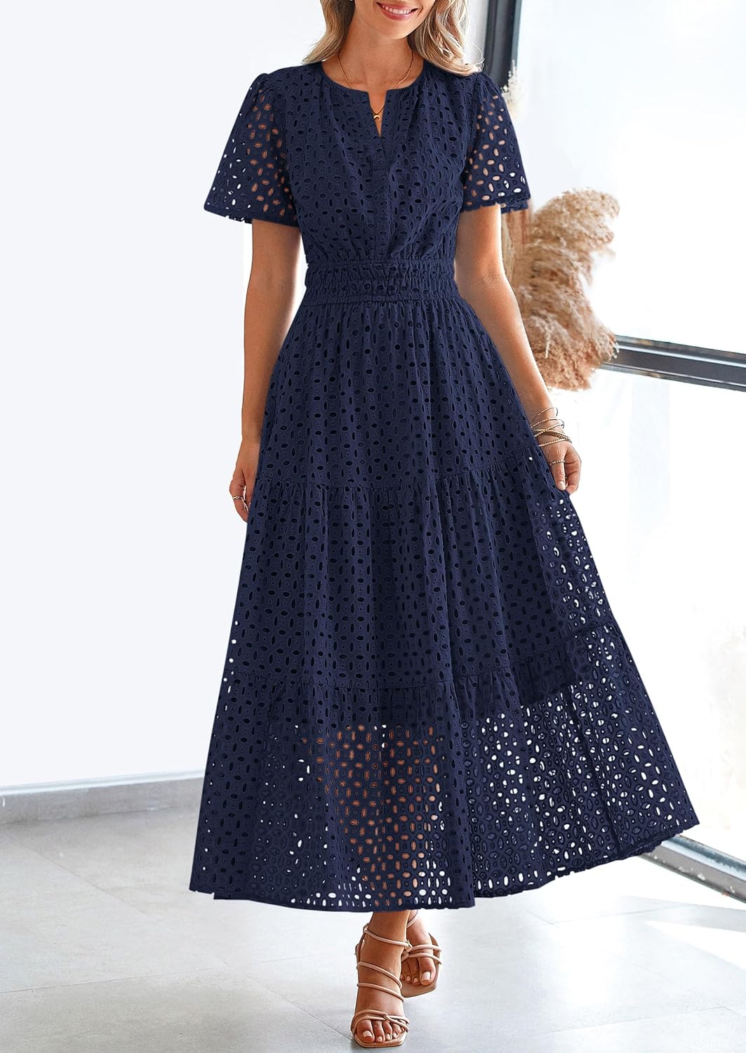 PRETTYGARDEN Women's Summer Hollow Out Eyelet Maxi Dress