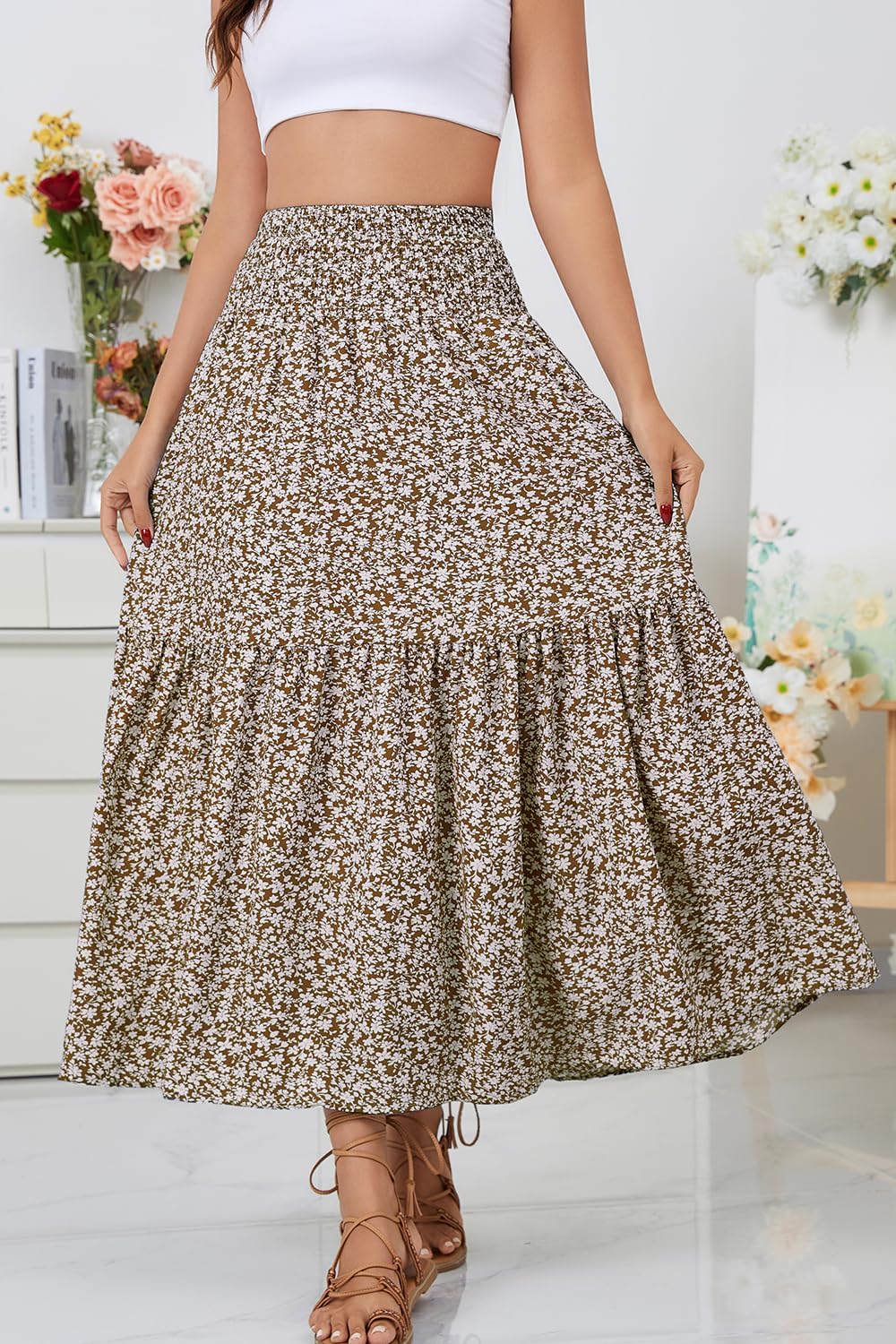 Women's Boho Maxi Skirt Floral Smocked High Waist Long Skirts with Pockets