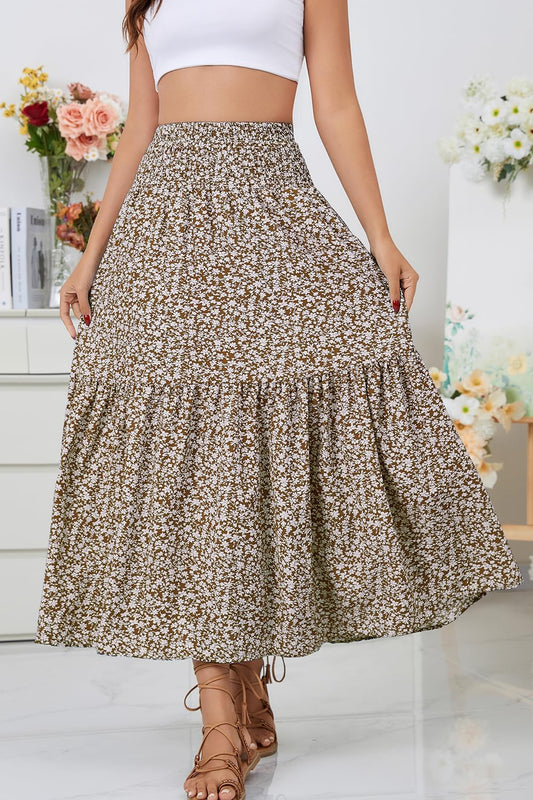 Women's Boho Maxi Skirt Floral Smocked High Waist Long Skirts with Pockets