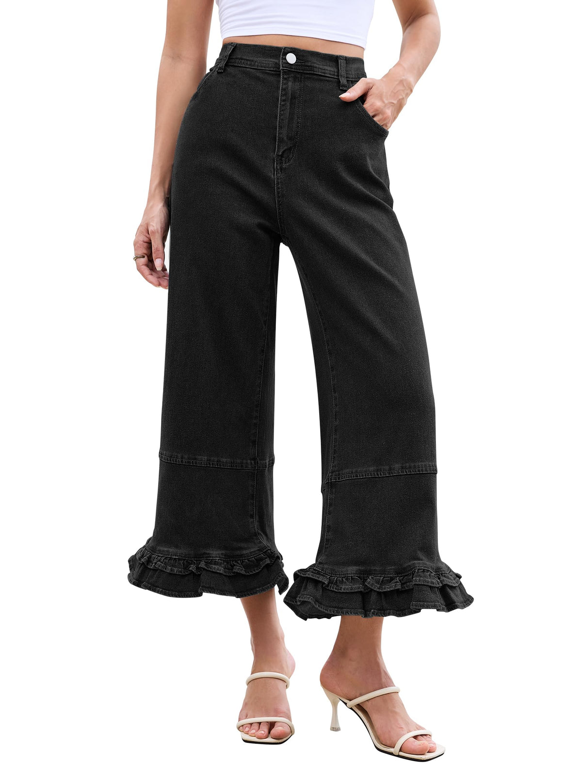 Eddoyee Women's Wide Leg Ruffle Hem Baggy Pants