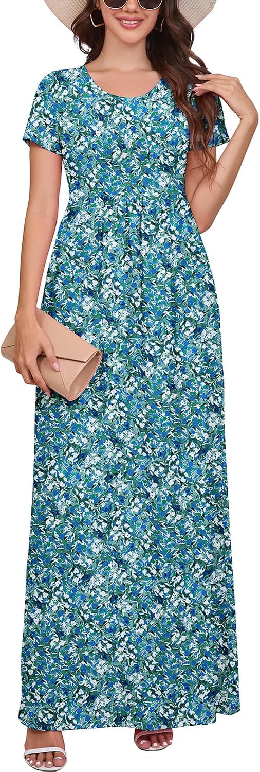 DEARCASE Maxi Dress for Women Short Sleeve Casual Summer Loose Plain Comfy Long Dresses with Pockets