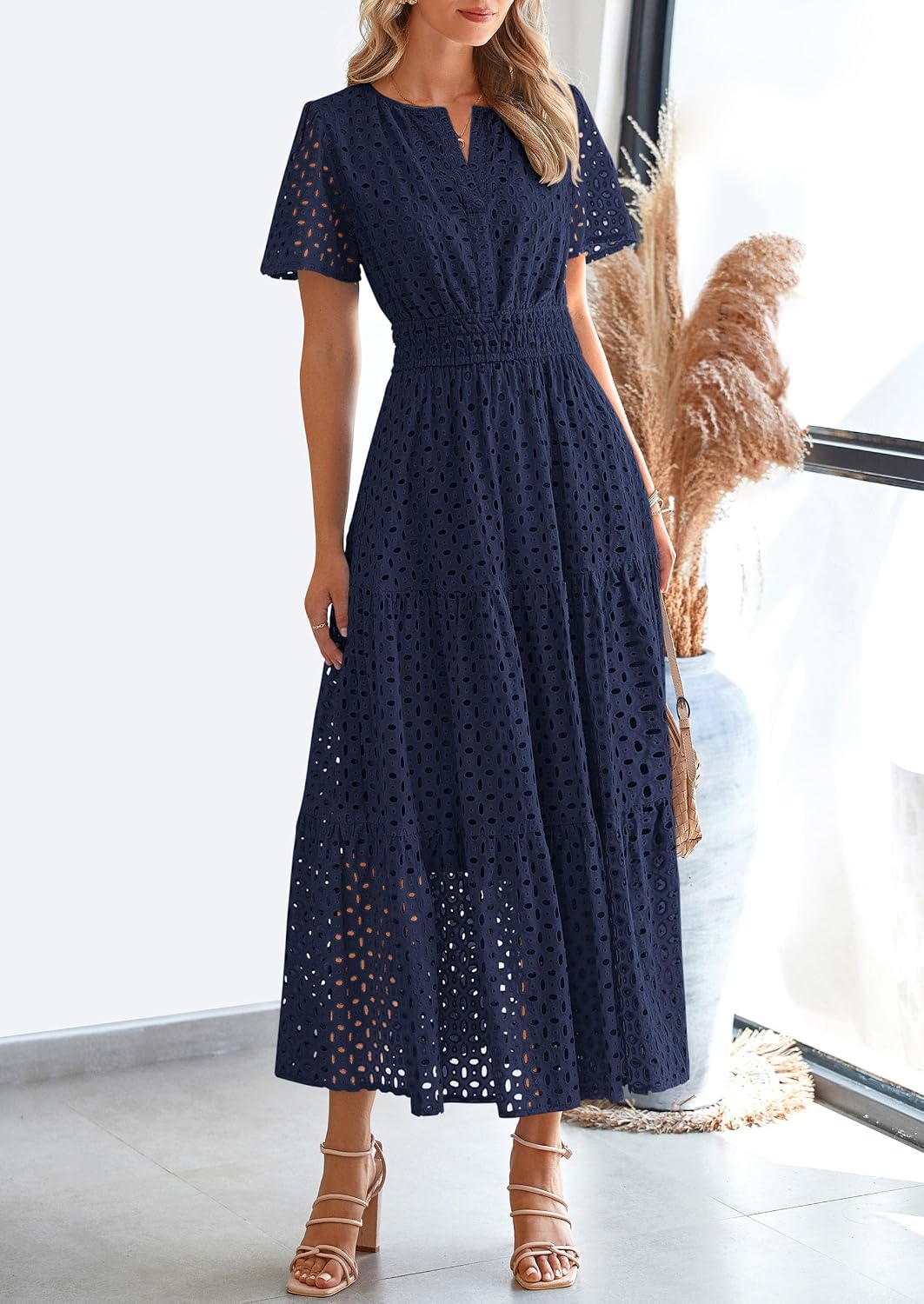 PRETTYGARDEN Women's Summer Hollow Out Eyelet Maxi Dress