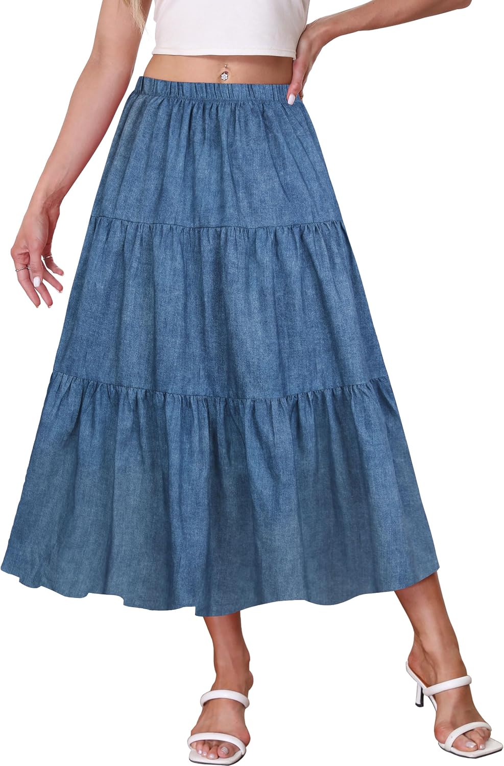 Kingfancy Women's Boho Midi Skirt A-Line Flowy Skirts
