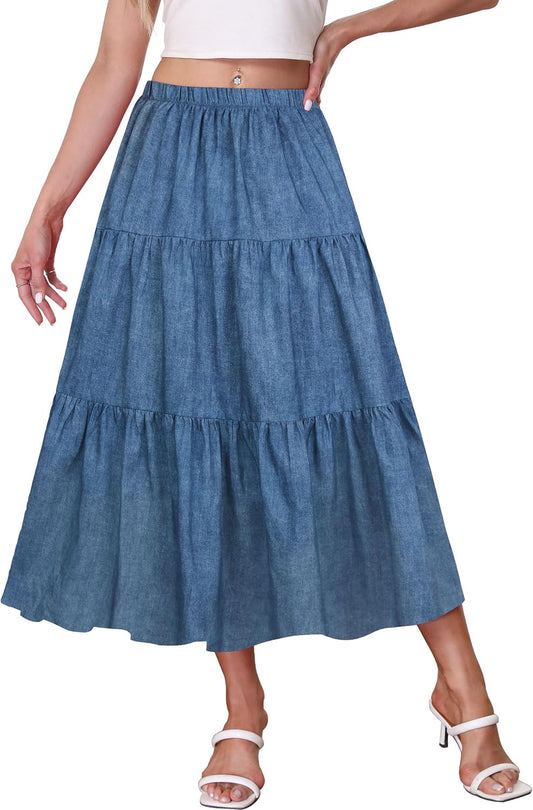 Kingfancy Women's Boho Midi Skirt A-Line Flowy Skirts