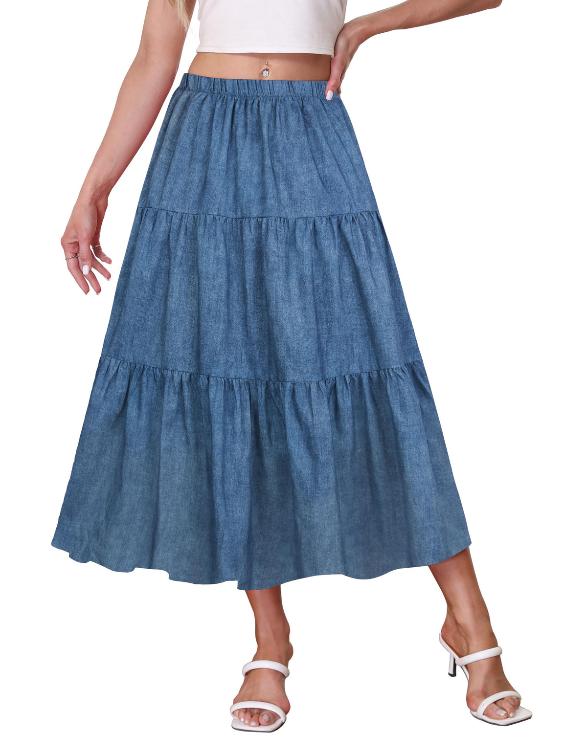 Kingfancy Women's Boho Midi Skirt A-Line Flowy Skirts