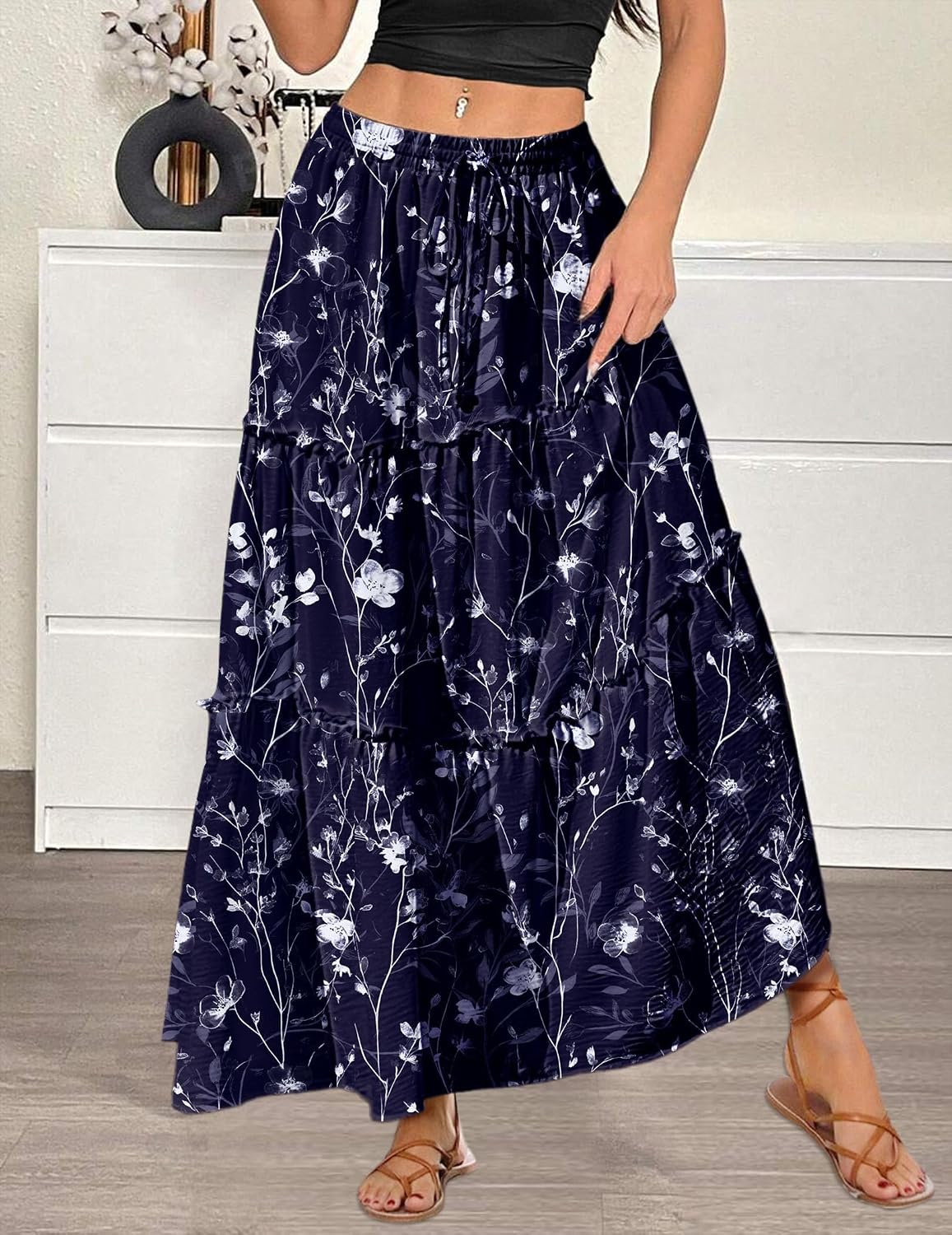 Zeagoo Womens Casual Maxi Skirts for Women 2026 High Waist Boho Skirts Floral Printed Long Flowy Skirt with Pockets