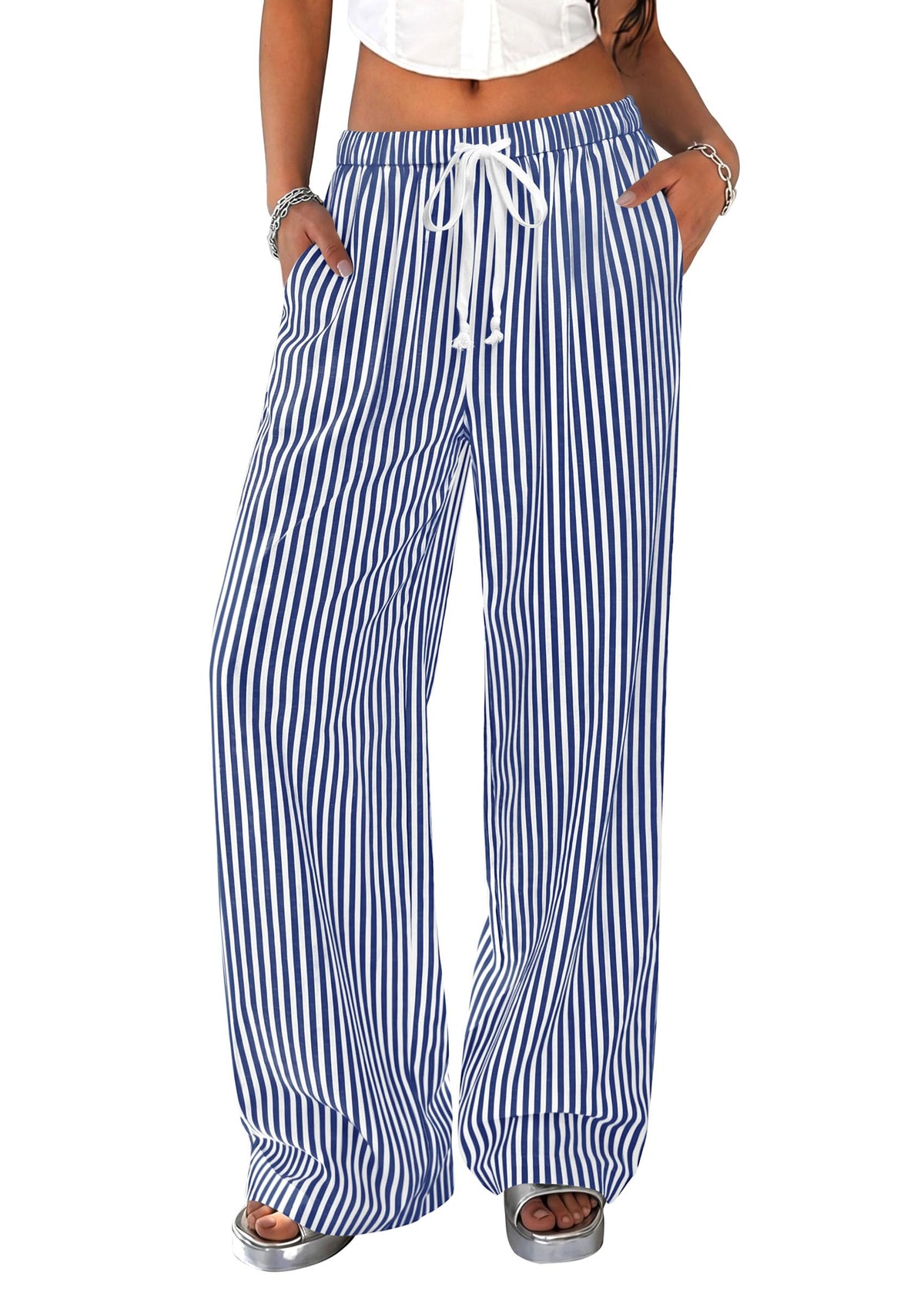 PRETTYGARDEN Striped Wide Leg Pants Women Loungewear with Pocket