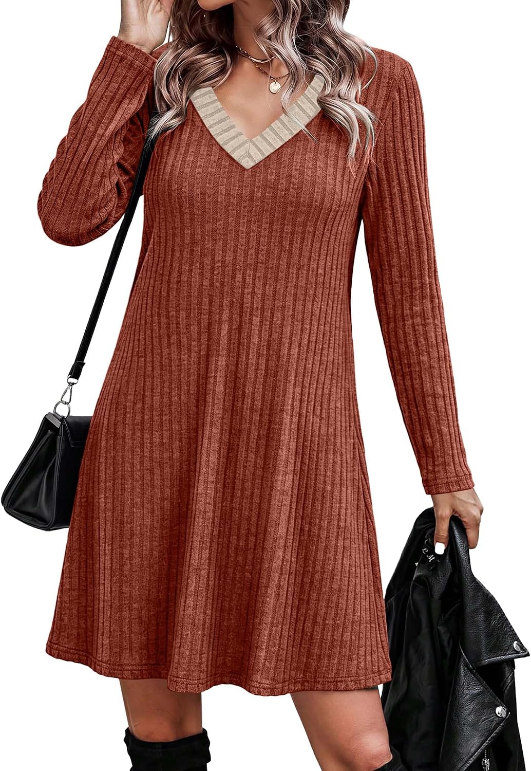 OFEEFAN Fall Dresses for Women Color Block V Neck Long Sleeve Sweater Dress