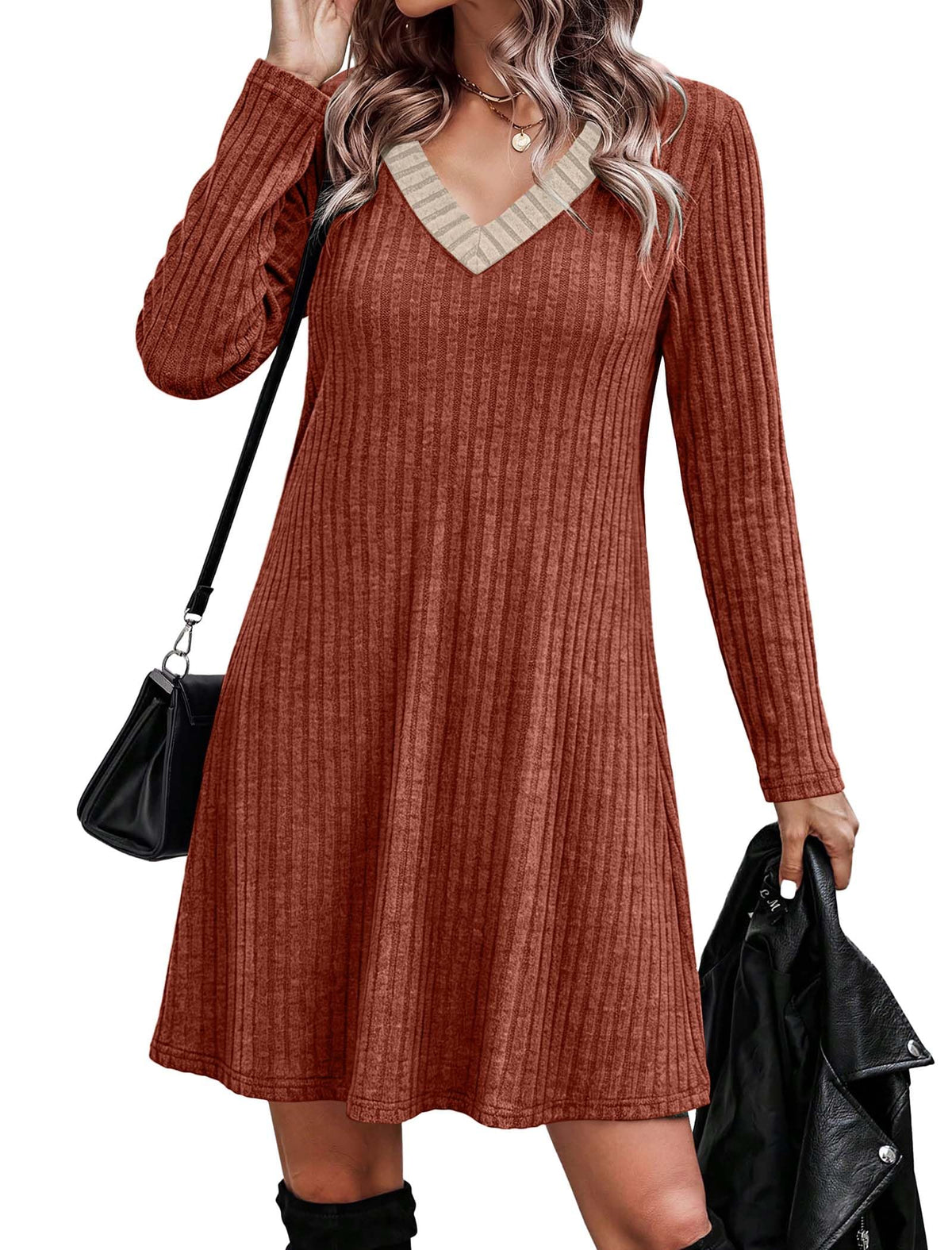 OFEEFAN Fall Dresses for Women Color Block V Neck Long Sleeve Sweater Dress