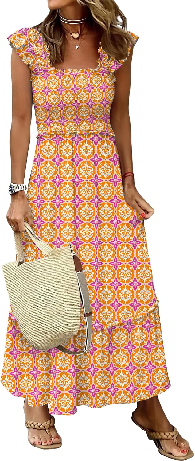 ANRABESS Womens Summer Sleeveless Maxi Dress Square Neck Smocked Boho Casual Ruffle Strap Flowy A-Line Long Beach Sundress