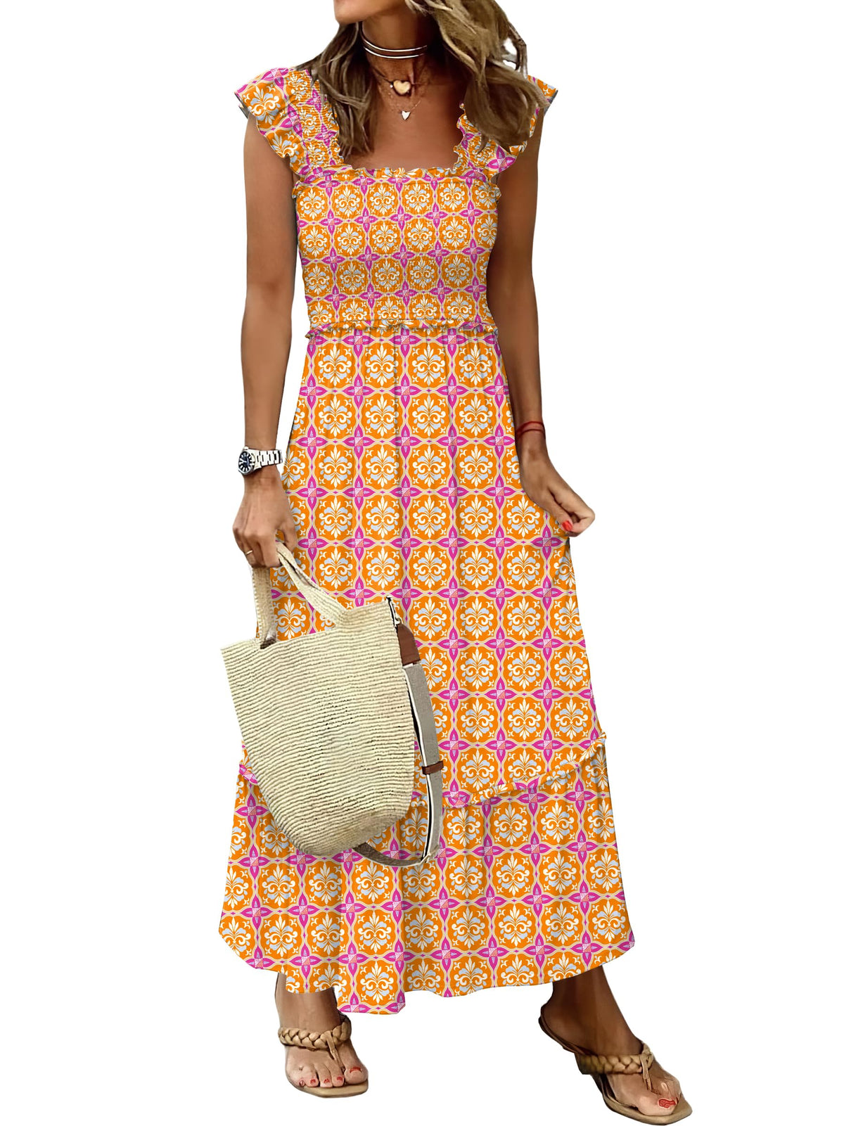 ANRABESS Womens Summer Sleeveless Maxi Dress Square Neck Smocked Boho Casual Ruffle Strap Flowy A-Line Long Beach Sundress