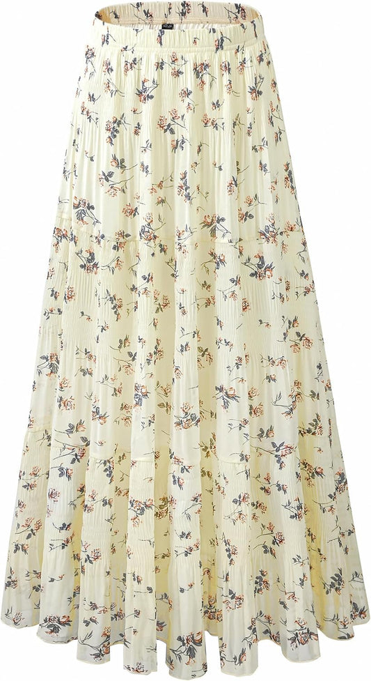 Women's Chiffon White Flowy Maxi Skirts Boho Summer Elastic Waisted Pleated A Line Long Skirt for Women 2026