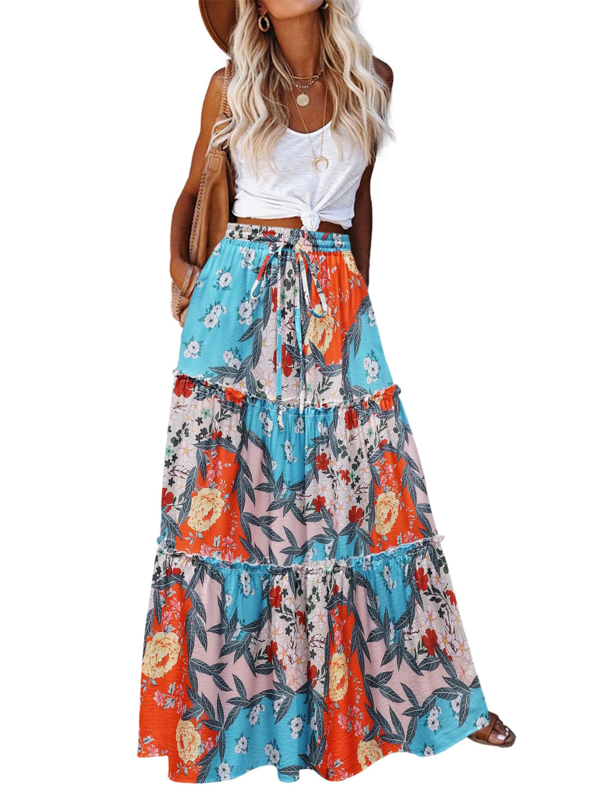 Zeagoo Womens Casual Maxi Skirts for Women 2026 High Waist Boho Skirts Floral Printed Long Flowy Skirt with Pockets