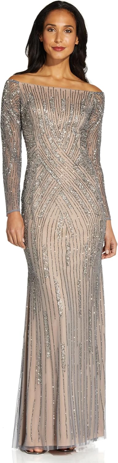 Adrianna Papell Womens Beaded Off Shoulder Gown