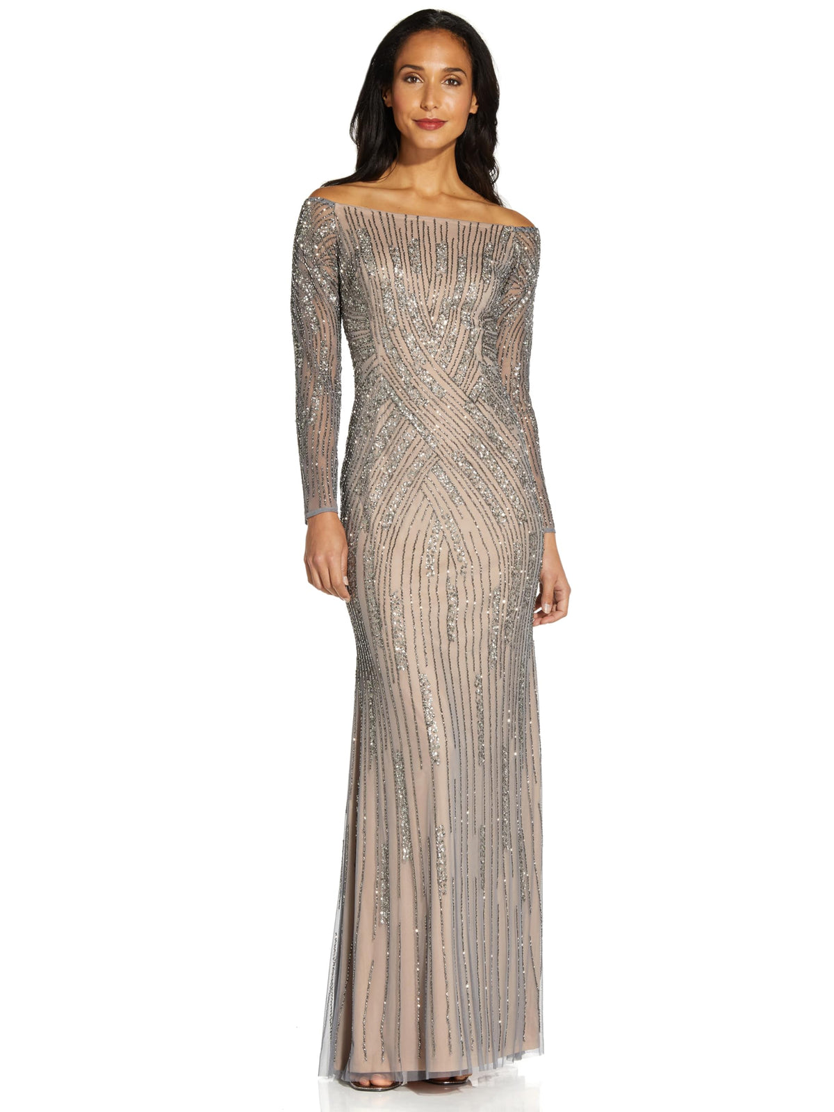 Adrianna Papell Womens Beaded Off Shoulder Gown