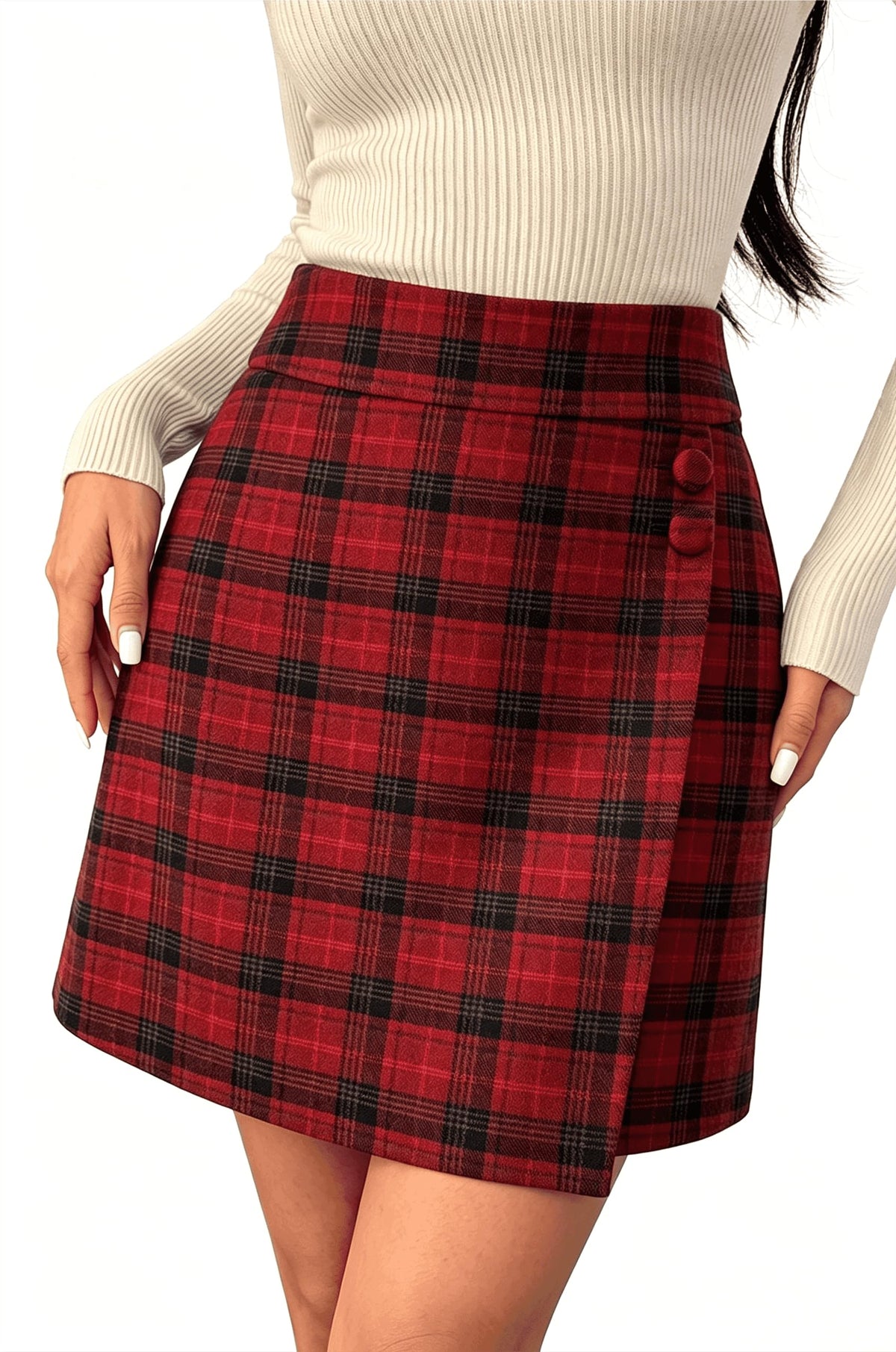 Pink Queen Plaid Skirts for Women with Pockets Button Decor Wrap Hem