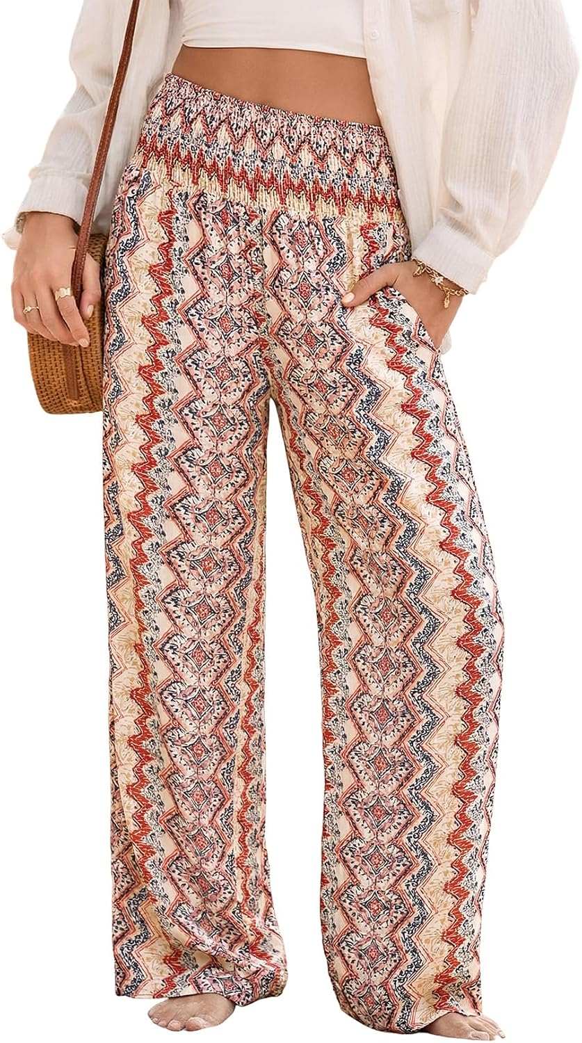 Dokotoo Women's Summer Boho Floral Bagyy Pants Wide Leg High Smocked Waist Casual Loose Palazzo Pants with Pocket
