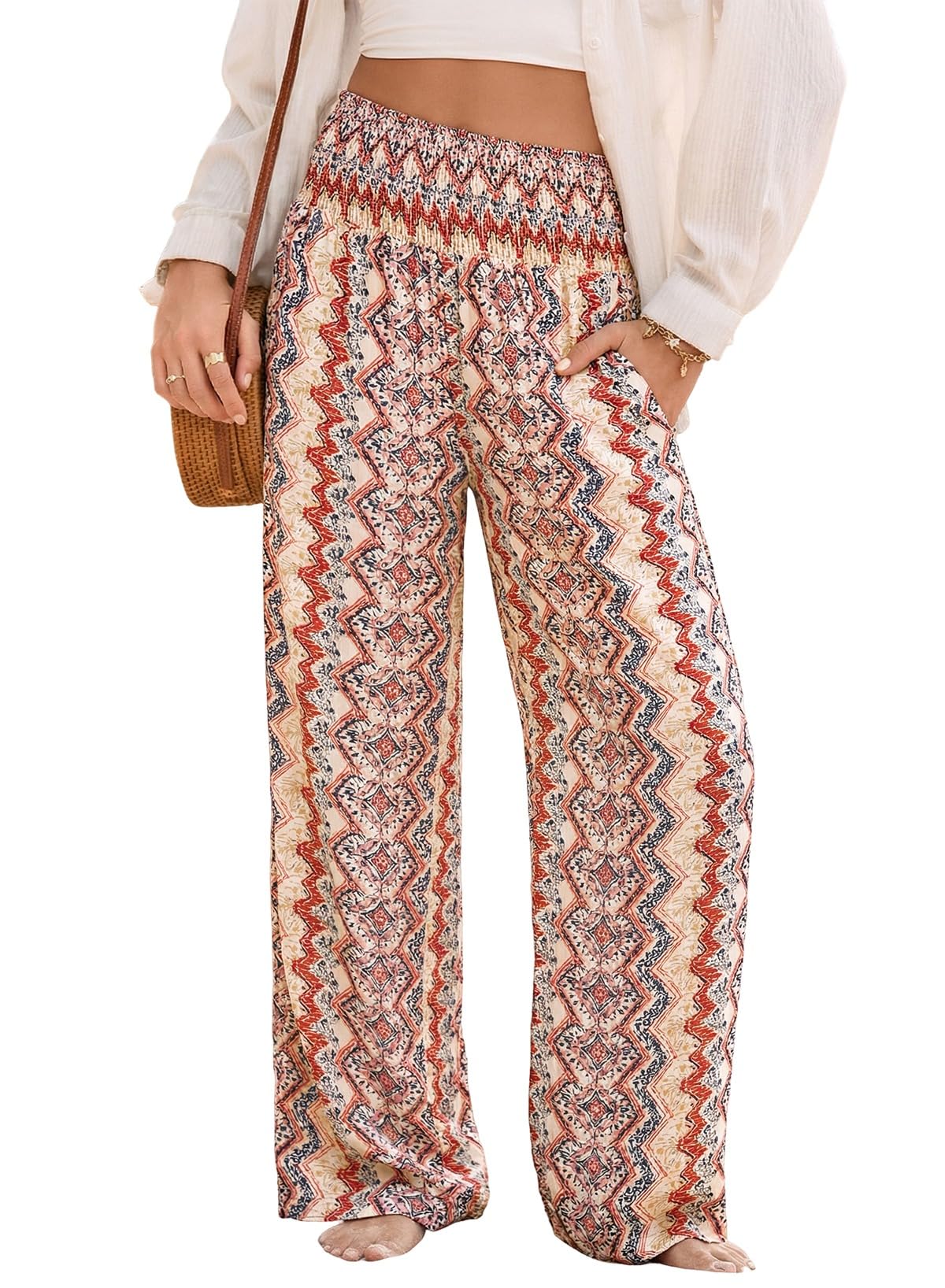 Dokotoo Women's Summer Boho Floral Bagyy Pants Wide Leg High Smocked Waist Casual Loose Palazzo Pants with Pocket