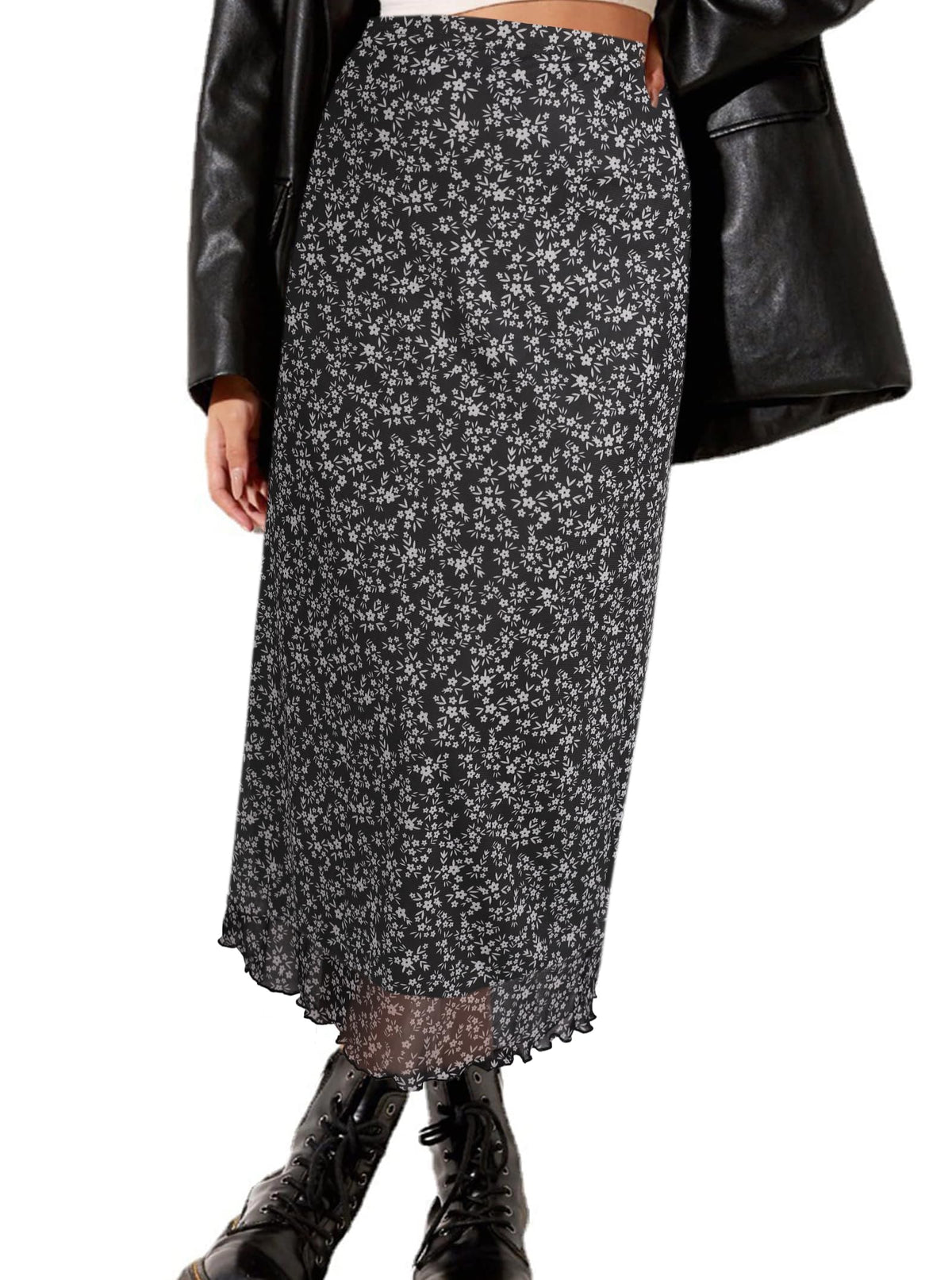 Avanova Women Mesh Floral Boho Midi Skirt High Waist Long Skirt