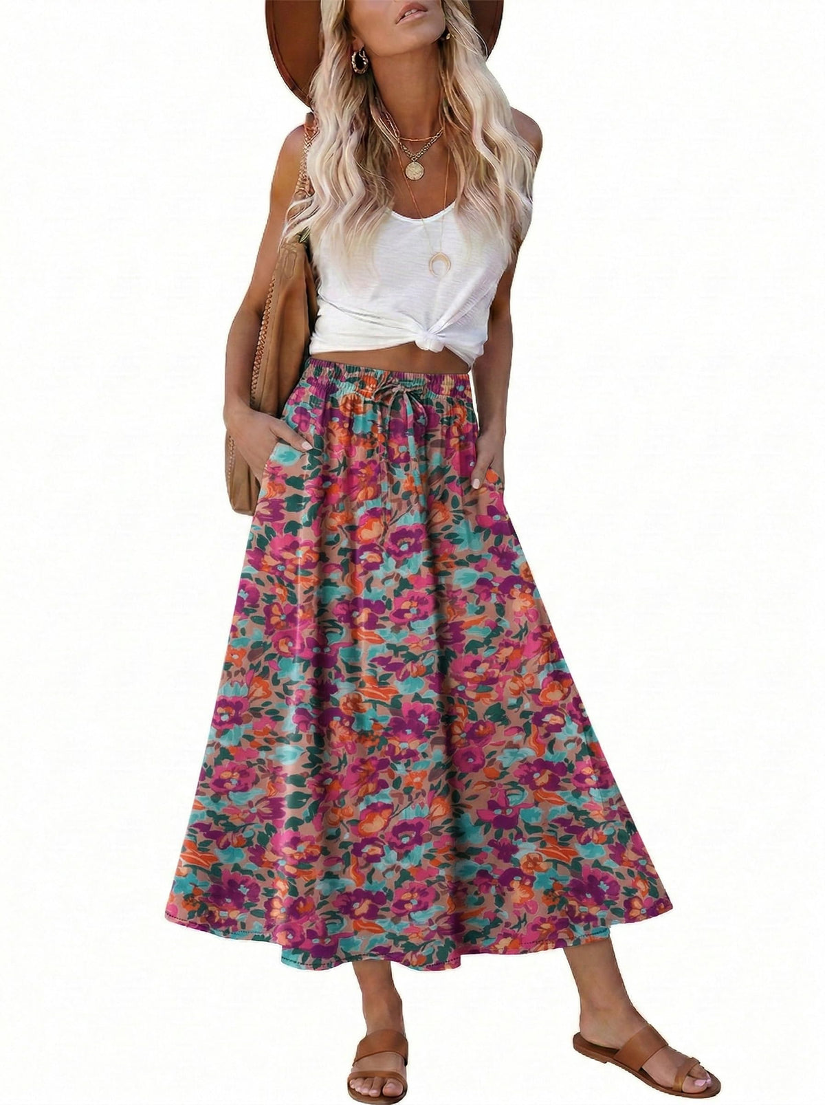 Magritta Women's Print Midi Skirt with Pocket Elastic High Waist 2026 Trendy A-Line Bohe Leopardr Swing Skirts for Women
