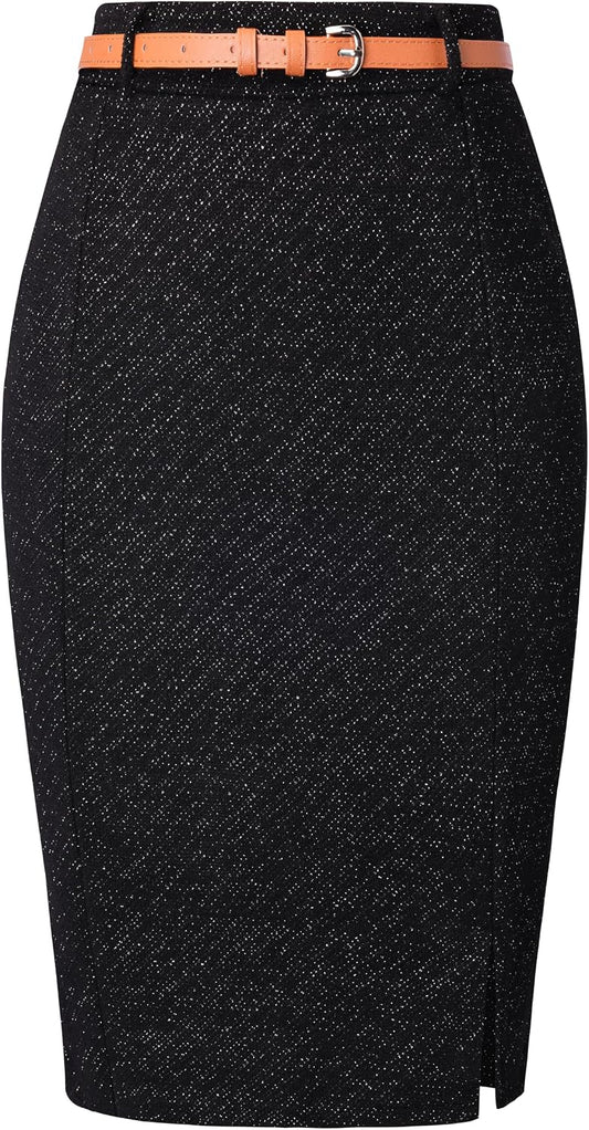 Kate Kasin Women Tweed Pencil Skirt, Knee Length Skirts with Slit