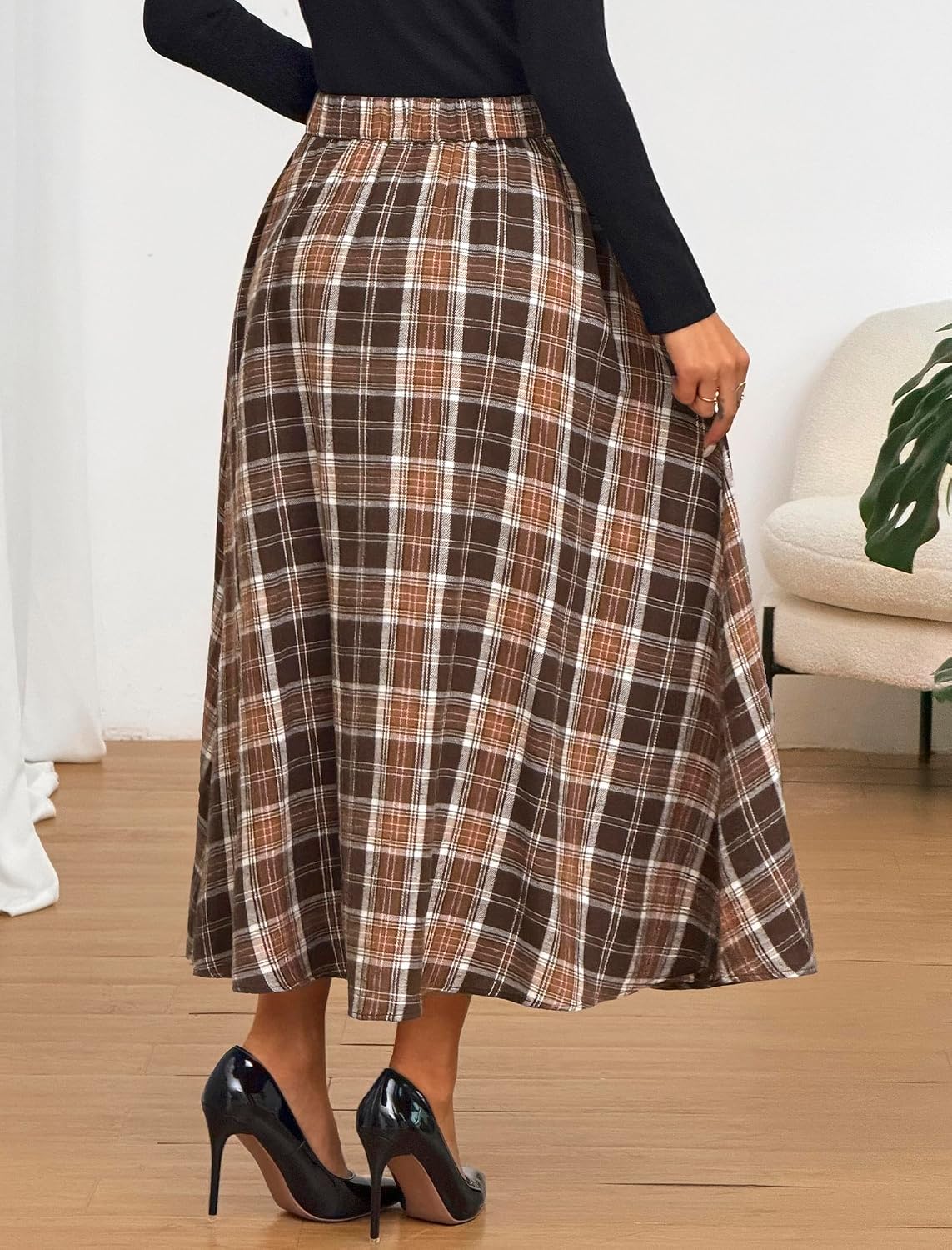ZAFUL Womens Plaid Skirts Elastic Waist A-Line Pleated Midi Skirts