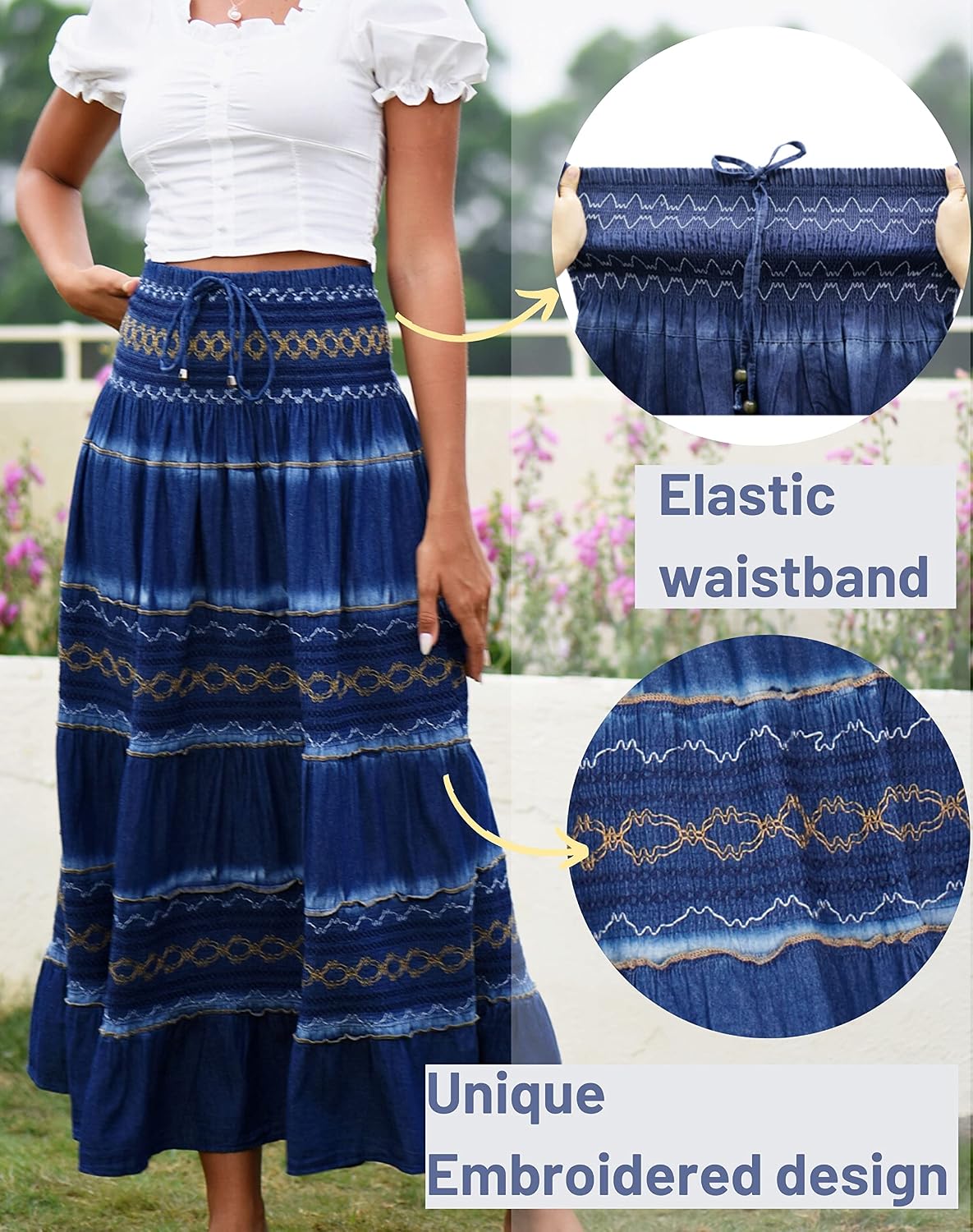 DREFBUFY Womens Denim Skirt High Waist Pleated Tiered Long Skirts Maxi Casual Style Jean Dress for Women
